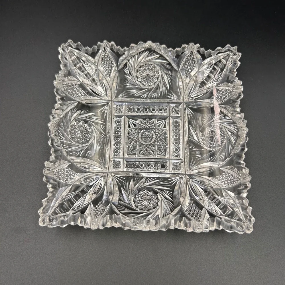American Brilliant square dish shallow bowl, pinwheel-hobstar-strawberry diamond